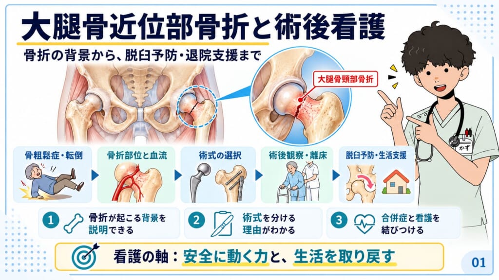 大腿骨近位部骨折と術後看護：骨折の背景から脱臼予防・退院支援まで