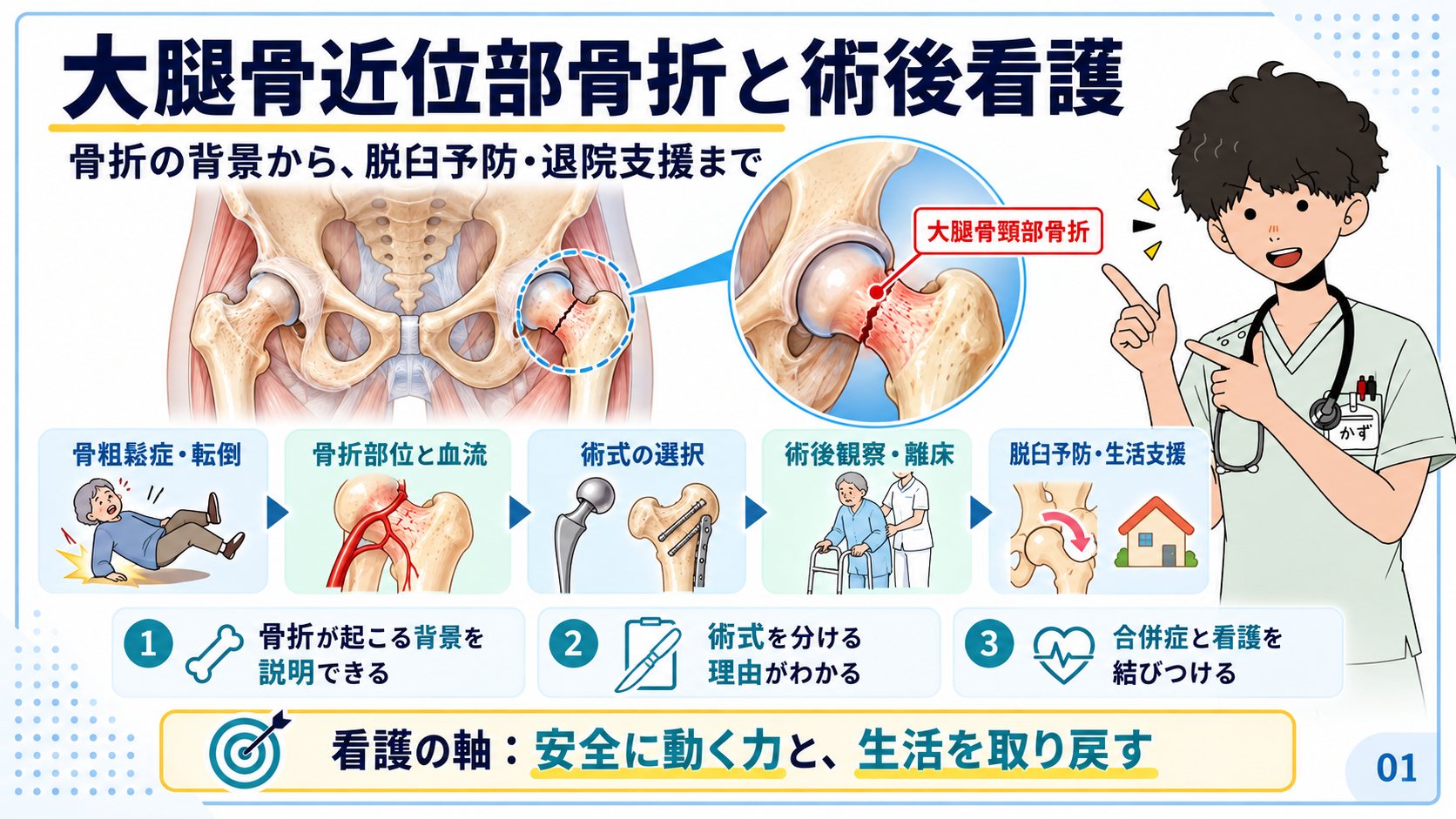 大腿骨近位部骨折と術後看護：骨折の背景から脱臼予防・退院支援まで