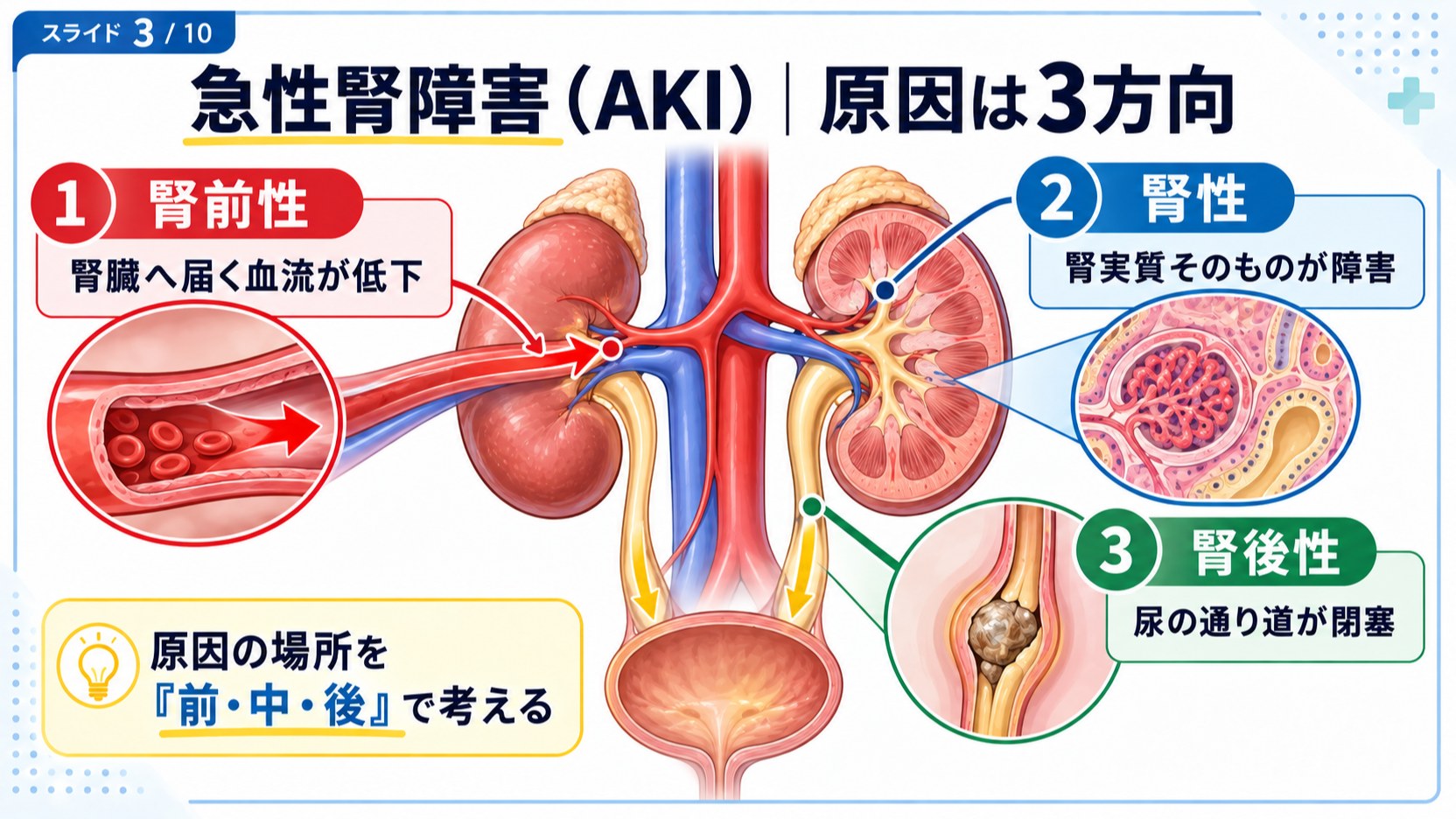 急性腎障害(AKI)の原因を前・中・後の3方向で整理した図