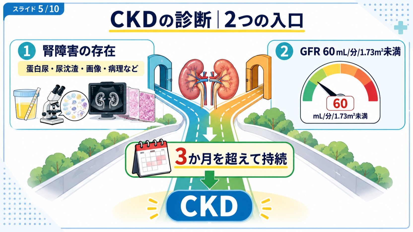 CKDの診断は腎障害の存在またはGFR60未満が3か月を超えて続くことの2つの入口